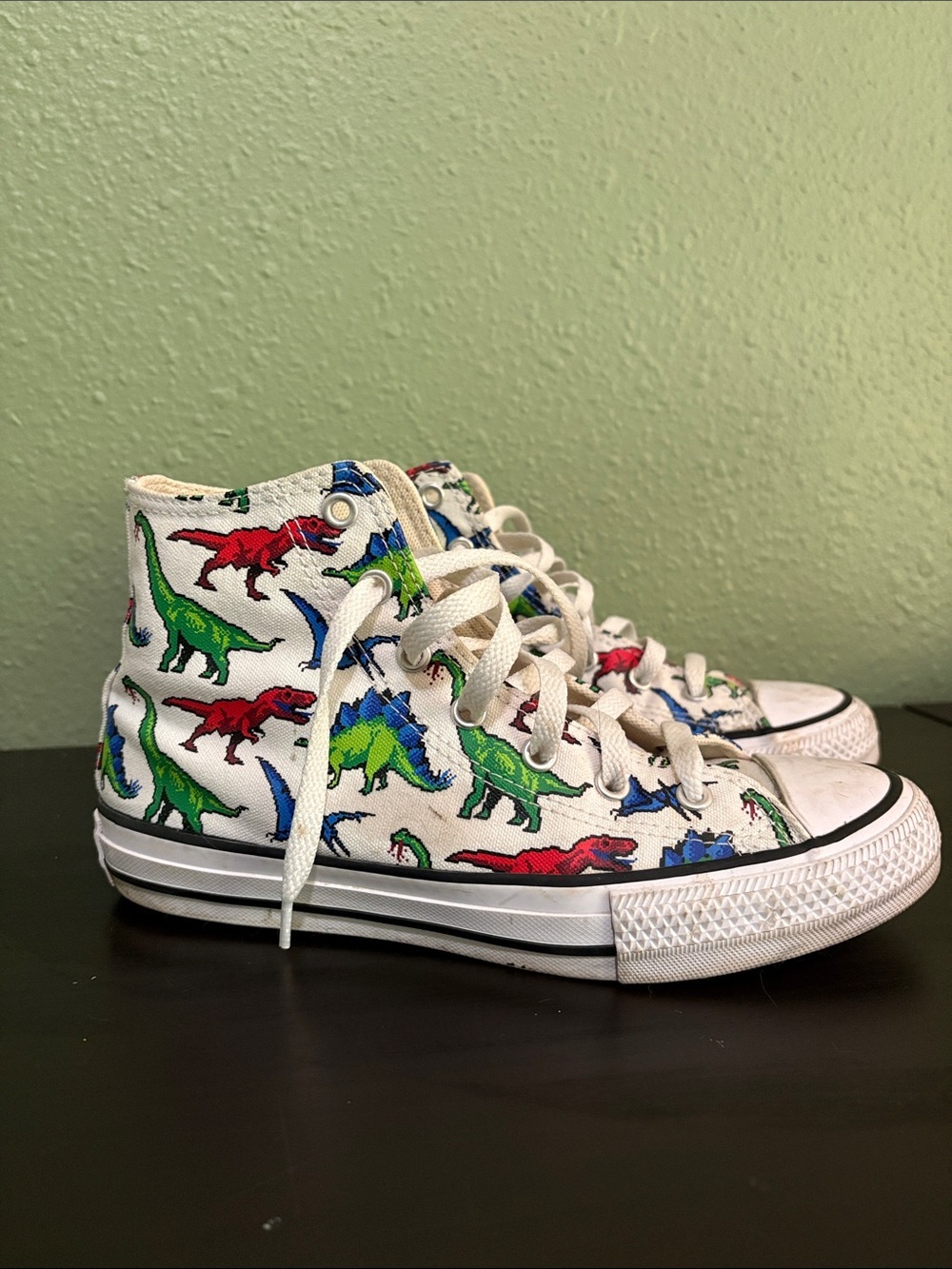 Converse Kids White High-Top Sneakers with Red, Green and Blue Dinosaur Print